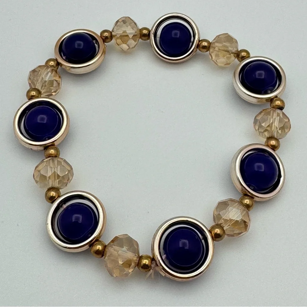 Blue Cabochon Stretch Bracelet Gold Tone Crystal Beaded Statement